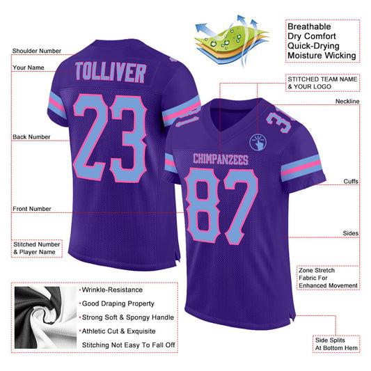 Maxcorners Custom Purple Light Blue-Pink Mesh Authentic Football Jersey LM2605