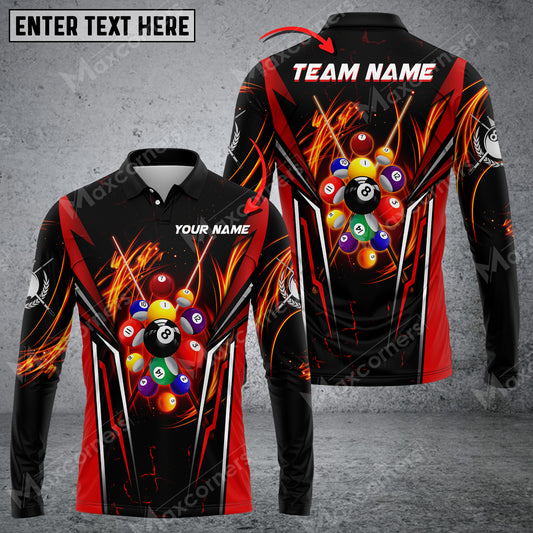 Maxcorners Billiards 8 Ball Texture Multicolor Option Customized Name Long Sleeve Polo Shirt