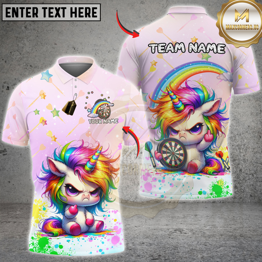 Maxcorners Darts Cute Angry Unicorn Rainbow Dartboard Personalized Name 3D Unisex Shirt