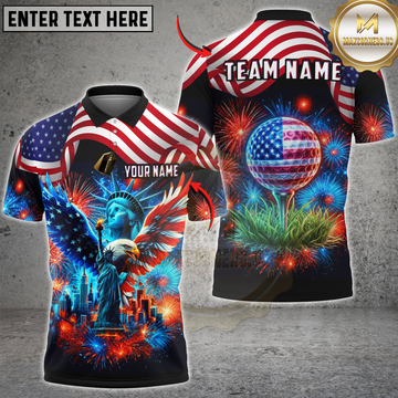 Maxcorners Golf Patriotic American Flag Statue of Liberty Eagle Fireworks Personalized Name 3D Unisex Shirt