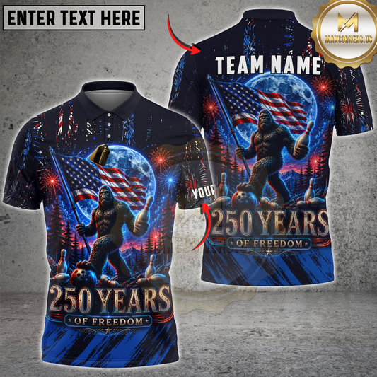 Maxcorners Bowling Bigfoot American Flag 250 Years Freedom Design Personalized Name 3D Unisex Shirt