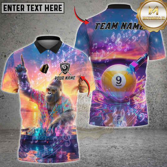 Maxcorners Billiard DJ Gorilla 9 Ball Pool Music Sunset Customized Name, Team Name 3D Shirt