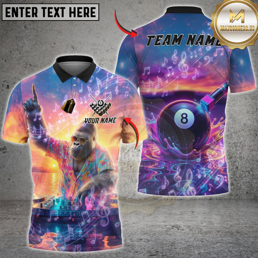 Maxcorners Billiard DJ Gorilla 8 Ball Pool Music Sunset Customized Name, Team Name 3D Shirt