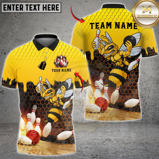 Maxcorners Bowling Fire Strike Bee Honeycomb Personalized Name 3D Unisex Shirt