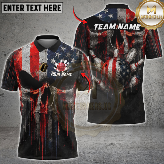 Maxcorners Bowling American Flag Skull Ball Pins Design Personalized Name 3D Unisex Shirt