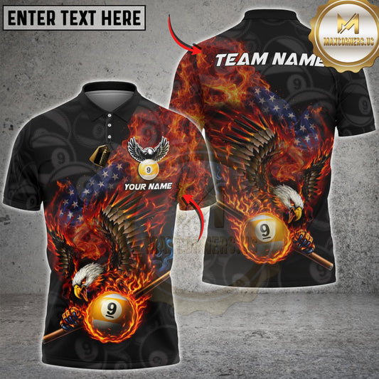 Maxcorners Billiards Patriotic Flaming Eagle 9 Ball Pool Customized Name, Team Name 3D Shirt