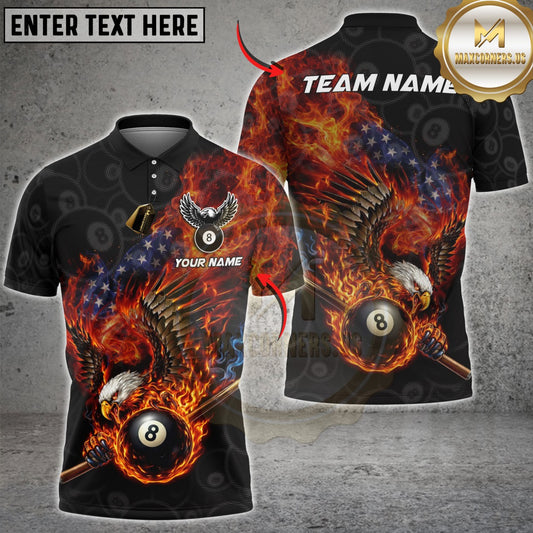 Maxcorners Billiards Patriotic Flaming Eagle 8 Ball Pool Customized Name, Team Name 3D Shirt