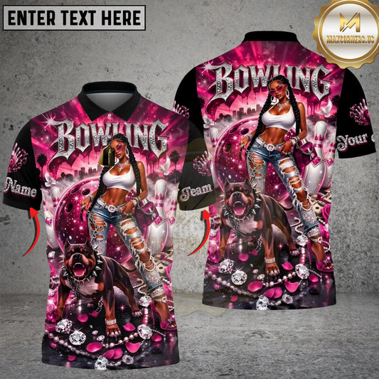 Maxcorners Bowling Girl Pitbull Pink Galaxy Multicolor Customized Name, Team Name 3D Shirt