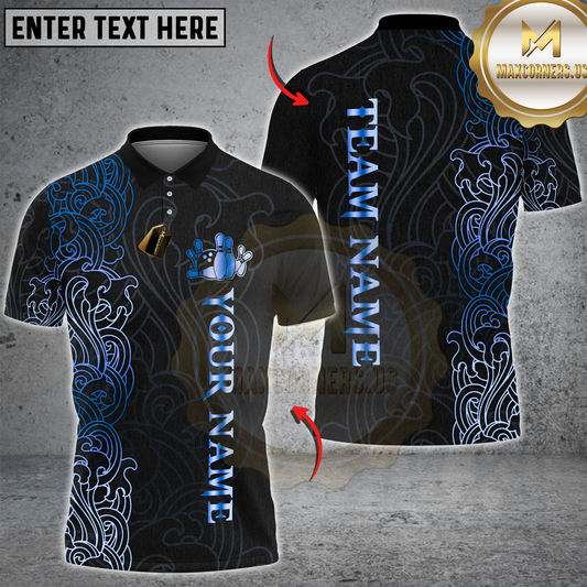 Maxcorners Bowling Luxury Black Gold Ornamental Bowling Pins Design Multicolor Customized Name, Team Name 3D Shirts