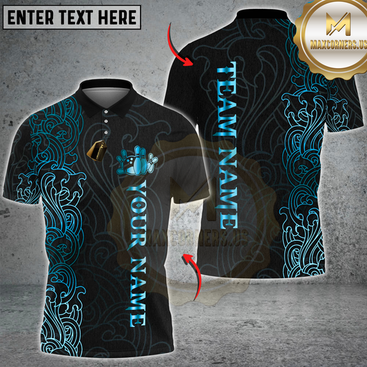 Maxcorners Bowling Luxury Black Gold Ornamental Bowling Pins Design Multicolor Customized Name, Team Name 3D Shirts