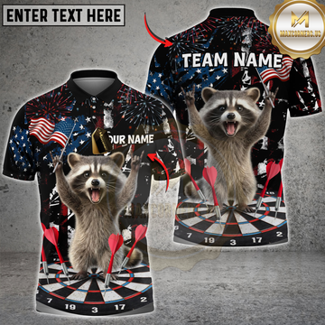 Maxcorners Darts Funny Raccoon Dartboard Fireworks American Flag Personalized Name, Team Name 3D Shirt