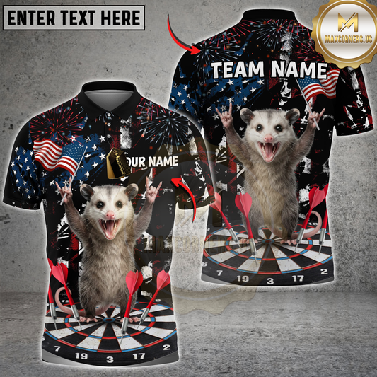 Maxcorners Darts Funny Opossum Dartboard Fireworks American Flag Personalized Name, Team Name 3D Shirt