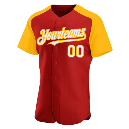 Maxcorners Custom Red White-Gold Authentic Raglan Sleeves Baseball Jersey LM2605