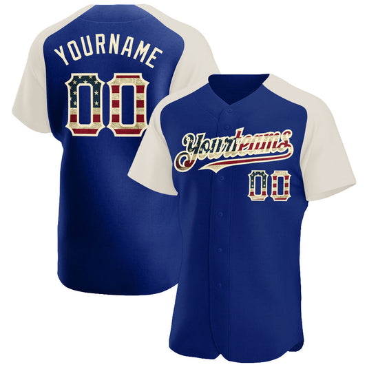 Maxcorners Custom Navy Vintage USA Flag-Cream Premium Raglan Sleeves Baseball Jersey LM0210