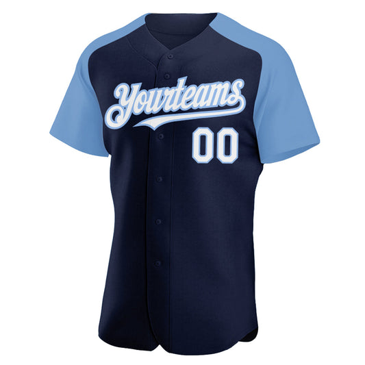 Maxcorners Custom Navy White-Light Blue Authentic Raglan Sleeves Baseball Jersey LM2605