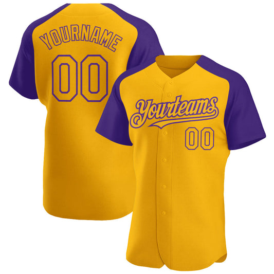 Maxcorners Custom Gold Purple Authentic Raglan Sleeves Baseball Jersey LM2605