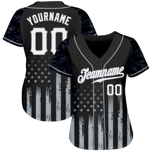 Maxcorners Custom Black White-Gray Camo Raglan Sleeves American Flag Patriotic Authentic Baseball Jersey LM2605