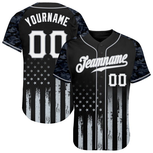 Maxcorners Custom Black White-Gray Camo Raglan Sleeves American Flag Patriotic Authentic Baseball Jersey LM2605