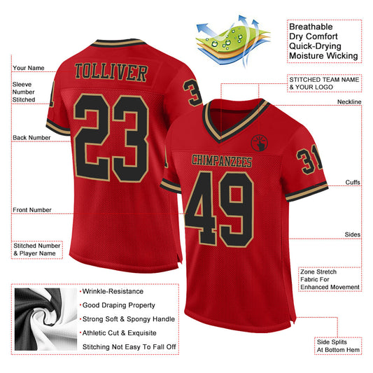 Maxcorners Custom Red Black-Old Gold Mesh Authentic Throwback Football Jersey LM2605