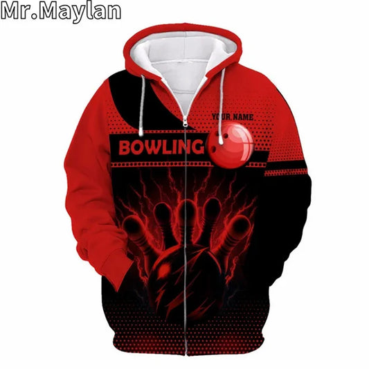 Maxcorners Bowling Red Pattern Ball And Pins Digital Customized Name 3D Hoodie