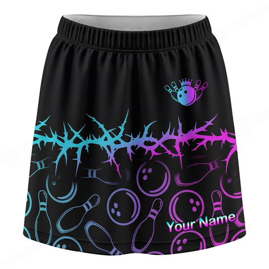 Maxcorners Customized Bowling Trouser Skirts With Shorts Underneath, Cyber Glow Bowling Pattern Skorts With Pockets