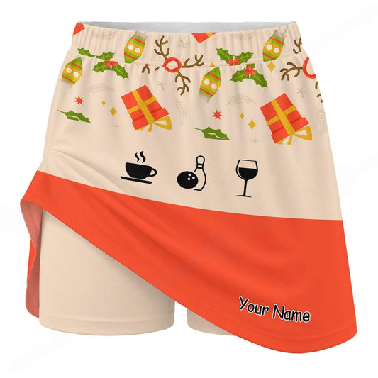 Maxcorners Customized Bowling Trouser Skirts With Shorts Underneath, Bowling Christmas Gift Pattern Coffee Wine Skorts With Pockets