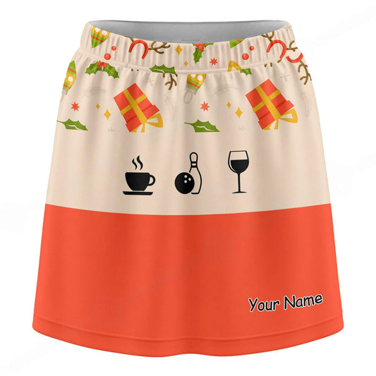 Maxcorners Customized Bowling Trouser Skirts With Shorts Underneath, Bowling Christmas Gift Pattern Coffee Wine Skorts With Pockets