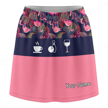 Maxcorners Customized Bowling Trouser Skirts With Shorts Underneath, Tropical Flamingo Pattern With Palm Leaves Skorts With Pockets