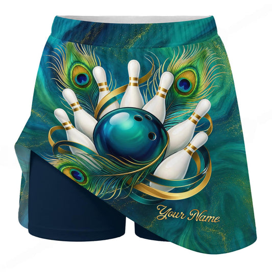 Maxcorners Customized Bowling Trouser Skirts With Shorts Underneath, Bowling Glowing Peacock Feather Skorts With Pockets