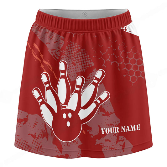 Maxcorners Customized Bowling Trouser Skirts With Shorts Underneath, Bowling Red And White Retro Skorts With Pockets