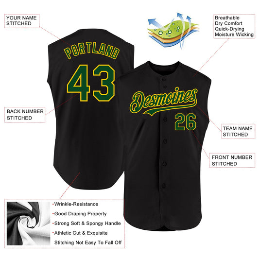 Maxcorners Custom Black Green-Yellow Authentic Sleeveless Baseball Jersey LM2605