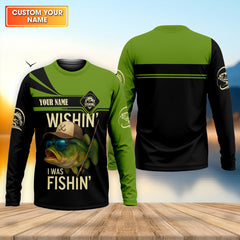 Maxcorners Wishing I Was Fishing Funny Fishing Shirt, Bass Fishing Shirt, SPF Shirt For Men, Men's Fishing Shirt