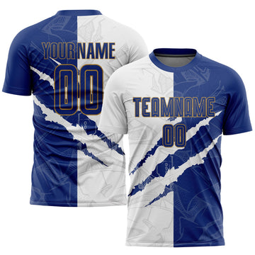 Maxcorners Custom Graffiti Pattern Royal White-Old Gold Scratch Sublimation Soccer Uniform Jersey LM2605
