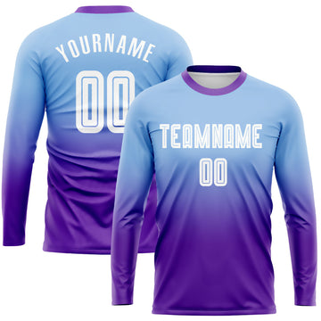 Maxcorners Custom Light Blue White-Purple Sublimation Long Sleeve Fade Fashion Soccer Uniform Jersey LM2605