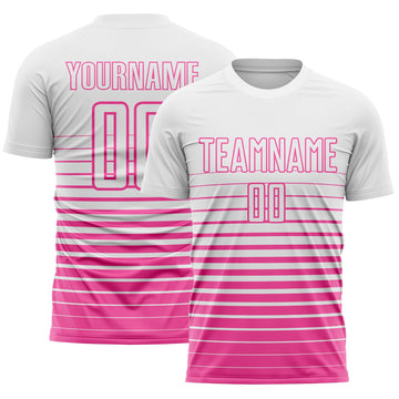 Maxcorners Custom White Pink Gradient Pinstripe Sublimation Soccer Uniform Jersey LM2605