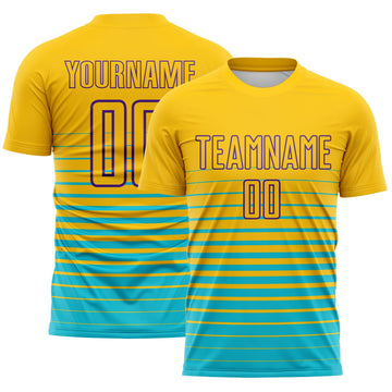 Maxcorners Custom Yellow Purple-Lakes Blue Gradient Pinstripe Sublimation Soccer Uniform Jersey LM2605
