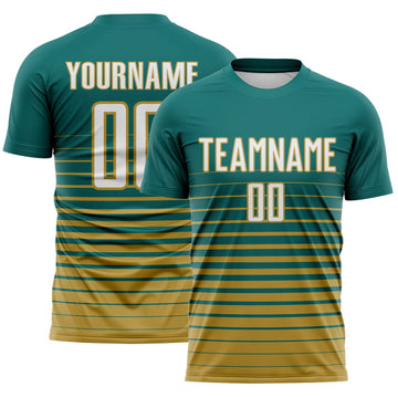 Maxcorners Custom Teal White-Old Gold Gradient Pinstripe Sublimation Soccer Uniform Jersey LM2605