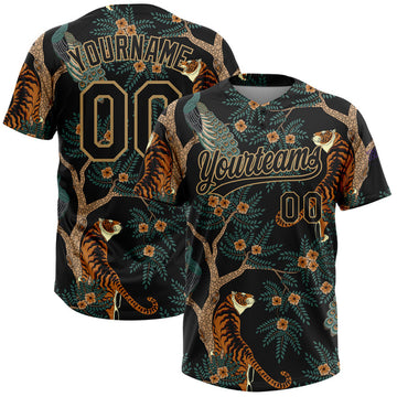 Maxcorners Custom Black Old Gold 3D Pattern Tiger And Peacock Two-Button Unisex Softball Jersey LM0609