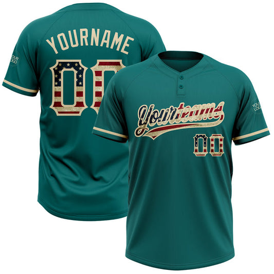 Maxcorners Custom Teal Vintage USA Flag-City Cream Two-Button Unisex Softball Jersey LM0609