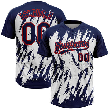 Maxcorners Custom Navy Red-White 3D Pattern Abstract Sharp Shape Two-Button Unisex Softball Jersey LM0609