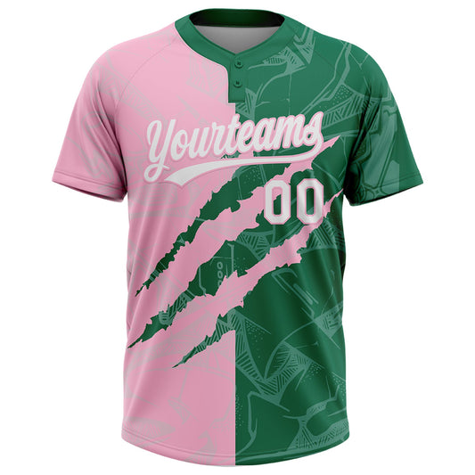 Maxcorners Custom Graffiti Pattern White Kelly Green-Light Pink 3D Scratch Two-Button Unisex Softball Jersey LM2605
