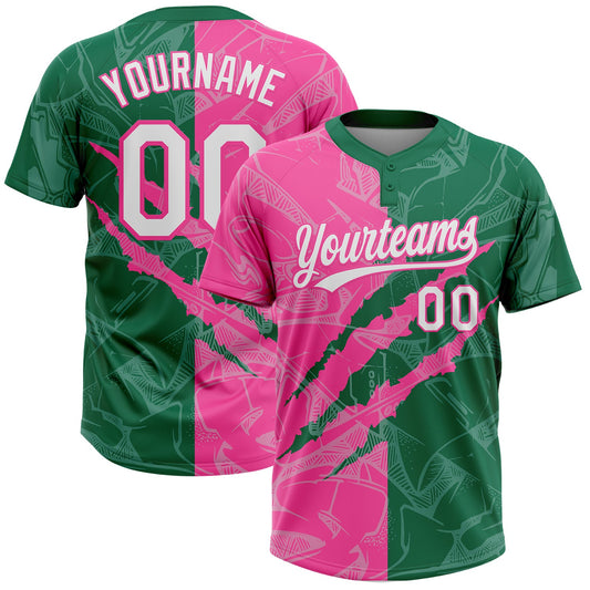 Maxcorners Custom Graffiti Pattern White Kelly Green-Pink 3D Scratch Two-Button Unisex Softball Jersey LM2605