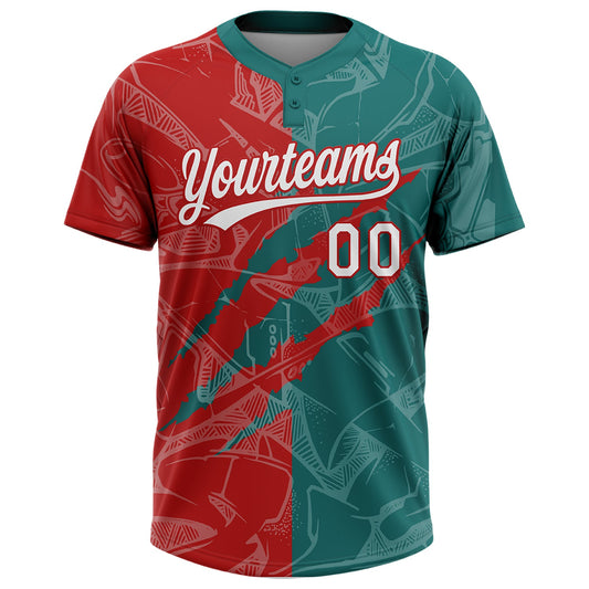 Maxcorners Custom Graffiti Pattern White Teal-Red 3D Scratch Two-Button Unisex Softball Jersey LM2605