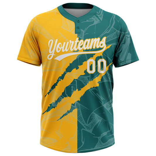 Maxcorners Custom Graffiti Pattern White Teal-Gold 3D Scratch Two-Button Unisex Softball Jersey LM2605