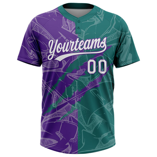 Maxcorners Custom Graffiti Pattern White Teal-Purple 3D Scratch Two-Button Unisex Softball Jersey LM2605