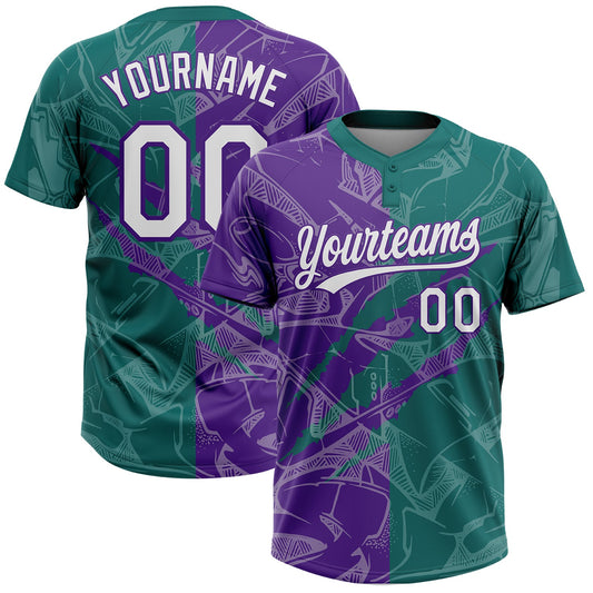 Maxcorners Custom Graffiti Pattern White Teal-Purple 3D Scratch Two-Button Unisex Softball Jersey LM2605