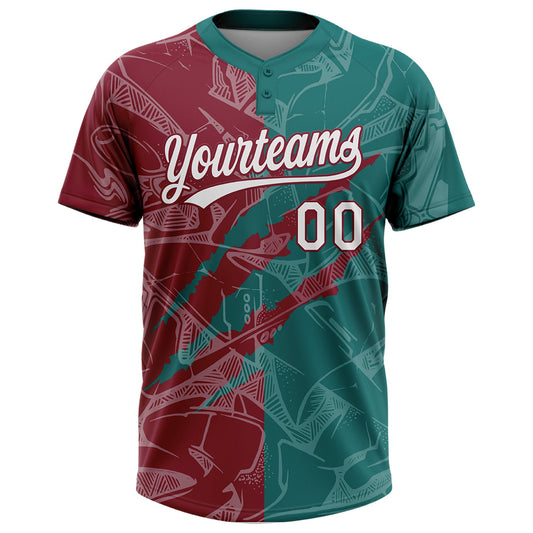 Maxcorners Custom Graffiti Pattern White Teal-Crimson 3D Scratch Two-Button Unisex Softball Jersey LM2605