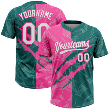 Maxcorners Custom Graffiti Pattern White Teal-Pink 3D Scratch Two-Button Unisex Softball Jersey LM2605