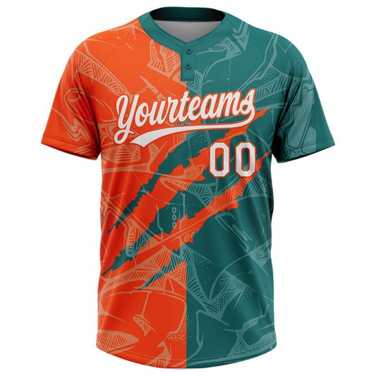 Maxcorners Custom Graffiti Pattern White Teal-Orange 3D Scratch Two-Button Unisex Softball Jersey LM2605