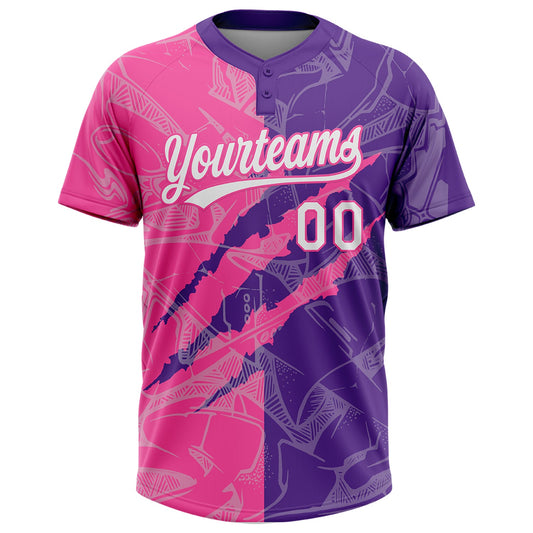 Maxcorners Custom Graffiti Pattern White Purple-Pink 3D Scratch Two-Button Unisex Softball Jersey LM2605